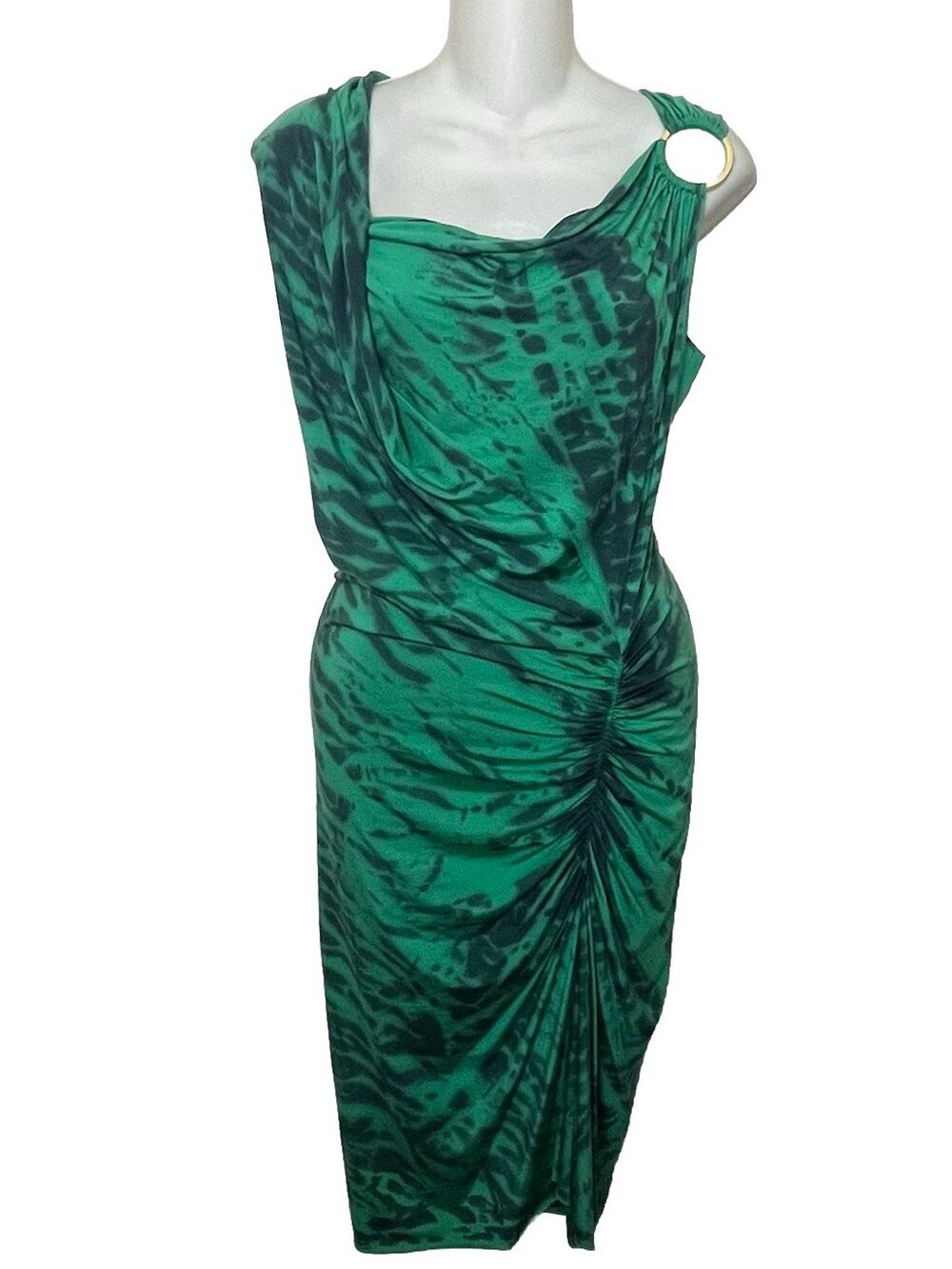 Michelle Jonas Green Tie Dye Ombre Gold Ring Ruched Dress Sz Small Resort Travel